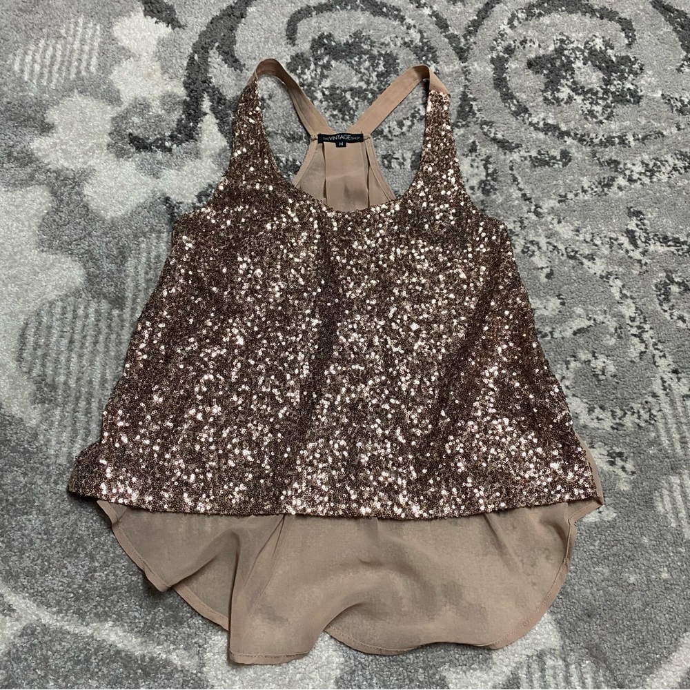 The Vintage Shop Gold Sequin High Low Sheer Back Tank